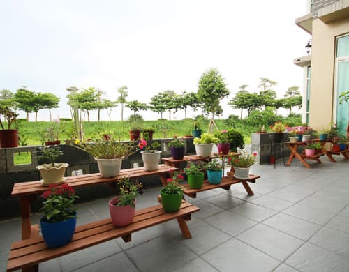 Water Edge Garden Homestayの屋外テラスと鉢植え
