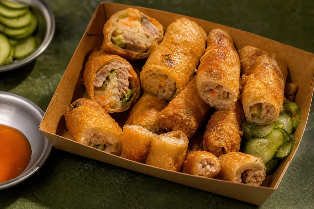 A-Gong-Zai Dragon Phoenix Rolls · 阿公仔龍鳳腿春捲 — mixed dragon-phoenix rolls and spring rolls — ilustrasi makanan
