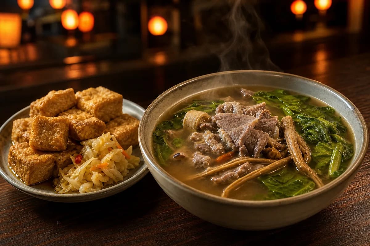 A Tsao Ber Herbal Mutton Soup · 阿灶伯當歸羊肉湯 — herbal mutton soup and fried stinky tofu — ilustrasi makanan