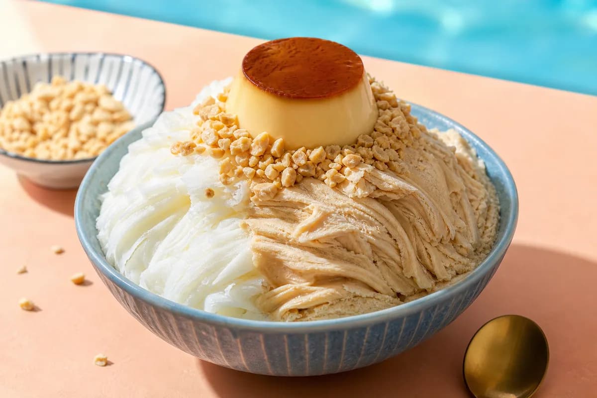 Bingxue Cold Drinks · 冰雪冷飲部 — milk-and-peanut snow ice with pudding — ilustrasi makanan