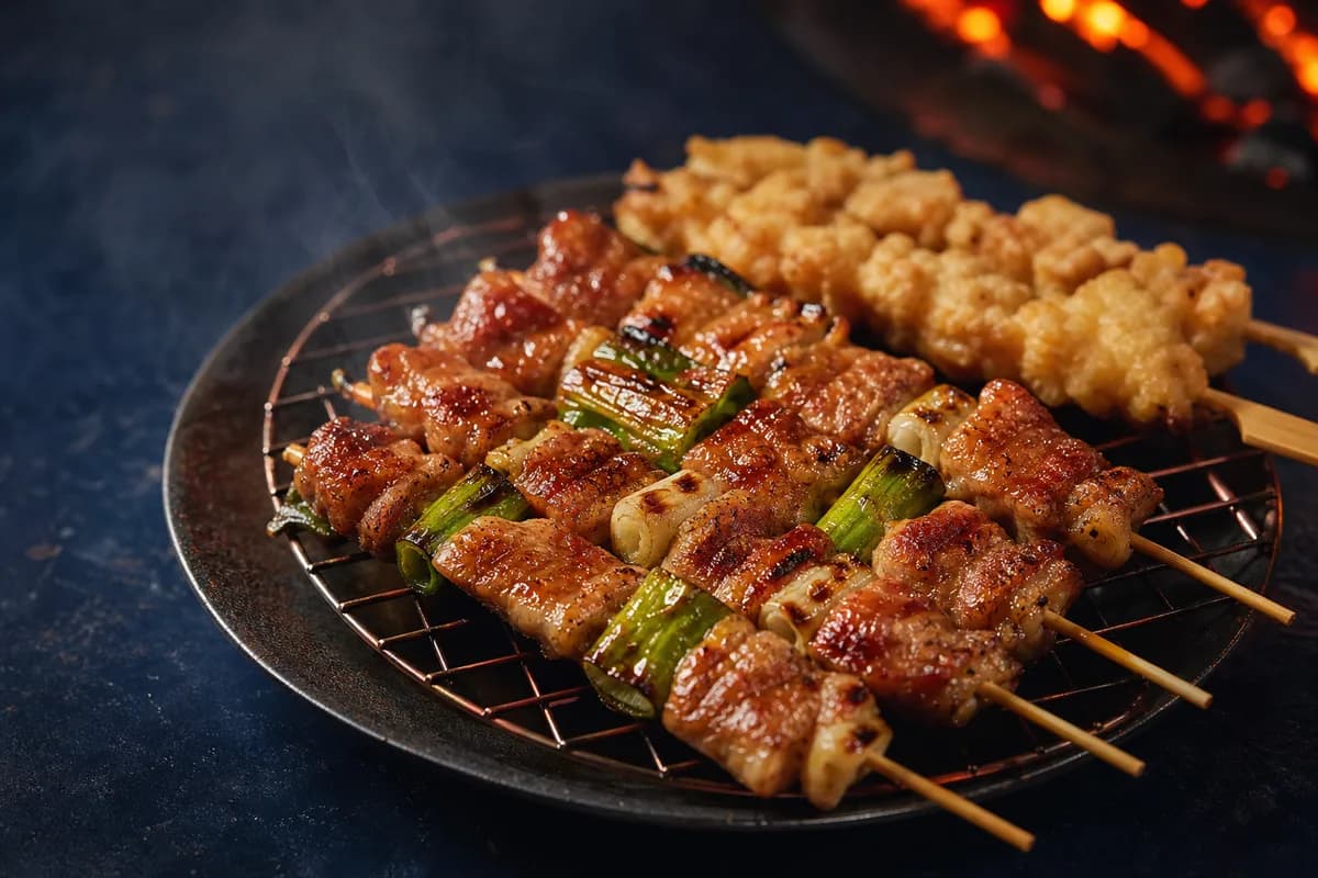 Da BBQ · 龘烤肉風味 — scallion pork skewer and grilled tempura — ilustrasi makanan
