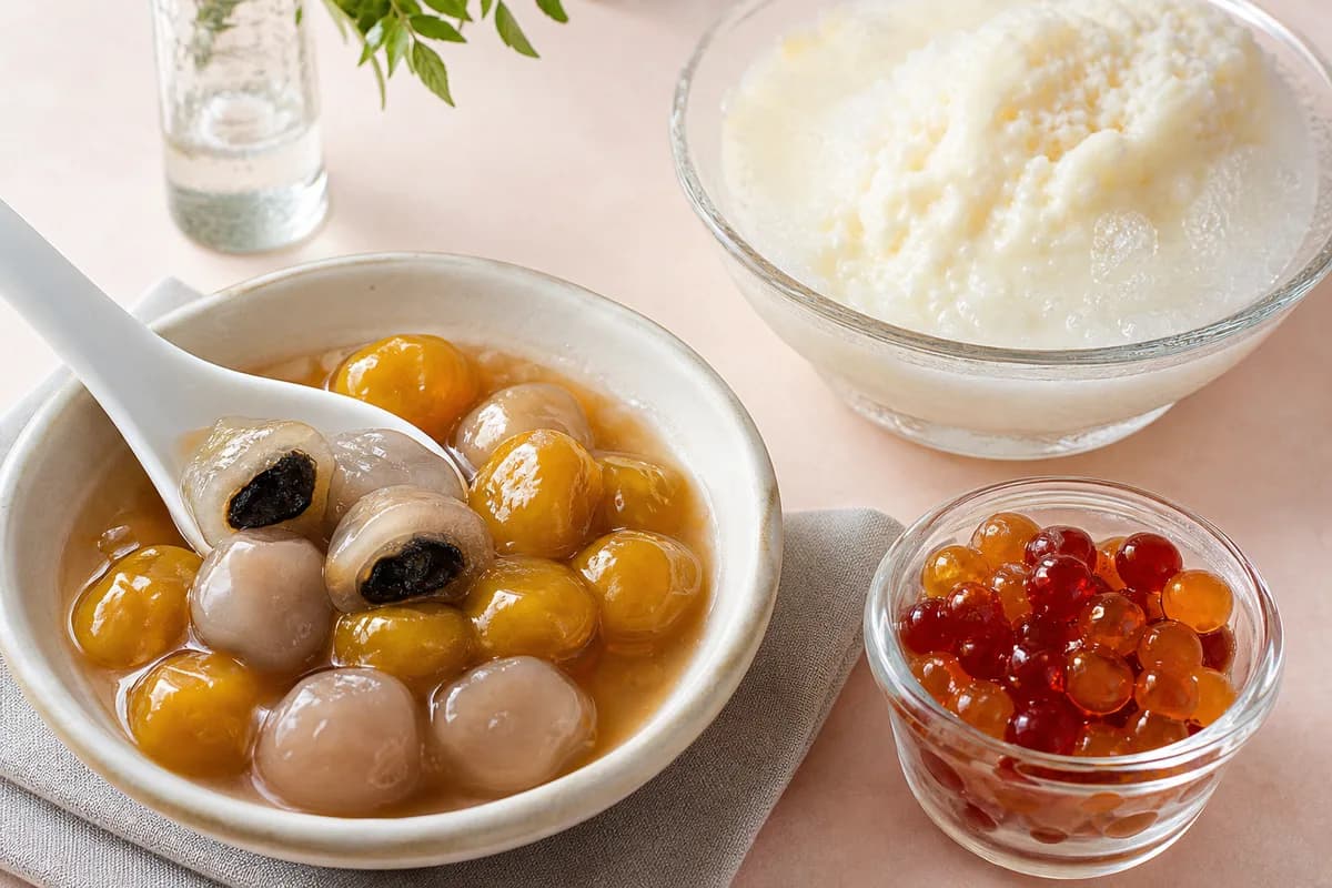 Wei Jie Stuffed Tapioca Pearls · 魏姐包心粉圓 — stuffed tapioca pearls with milk slush — ilustrasi makanan