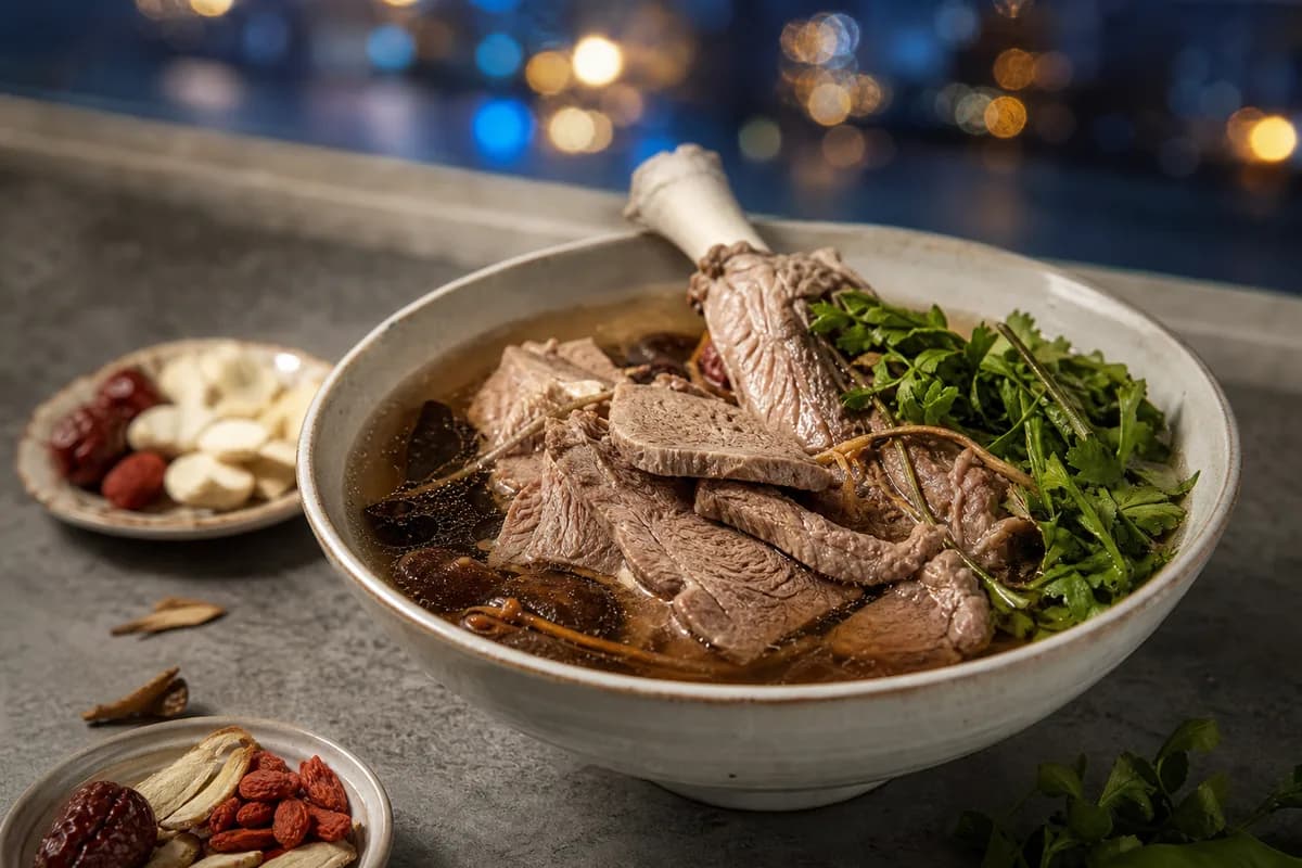 Yang Pu Zi Herbal Mutton Soup · 羊舖子當歸羊肉湯 — herbal mutton or lamb-leg soup — ilustrasi makanan