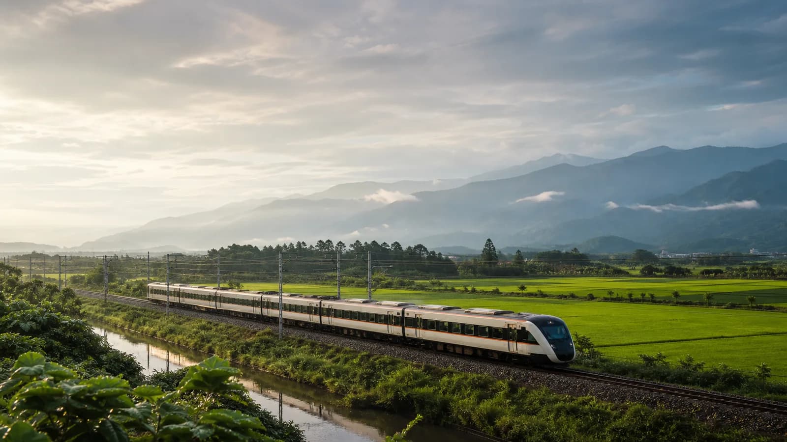 Tren na dumaraan sa mga palayan ng Yilan na may kabundukan sa malayo