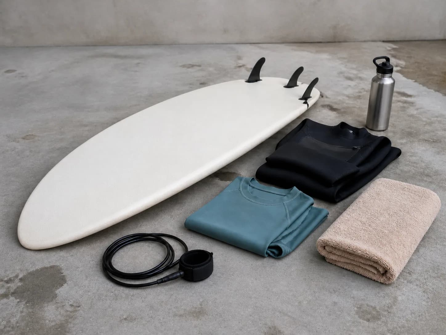 Surfboard, Leash, Neoprenanzug, Rashguard, Handtuch und Trinkwasser